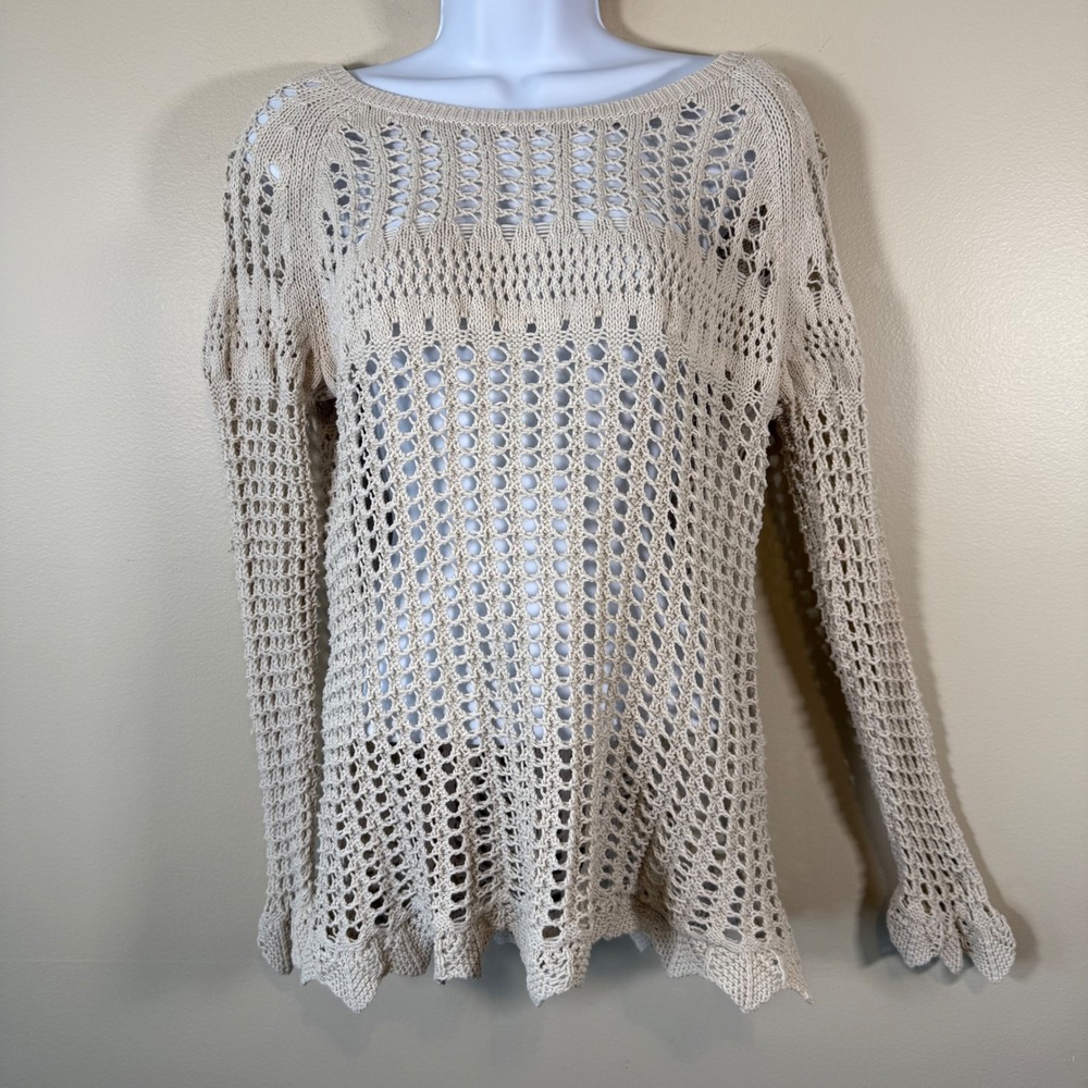 Retro Threads 100% Cotton Open Knit Crochet Sweater Beige‎ Boho Beachy Size M
